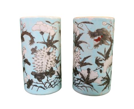 Pair of Antique Chinese Turquoise ground Dayazhai-style vases with en grisaille and white enamels depicting a continuous scen