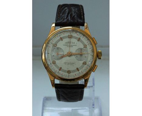 Coresa 18ct Gold Chronograph Wristwatch. Coresa 18ct gold chronograph manual wind wristwatch. On quality German, "Record anti