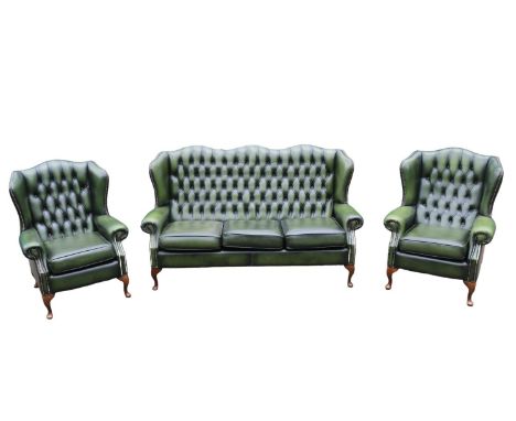 Green Leather Chesterfield Wing arm sofa suite comprising of 3 seater sofa and matching armchairs on cabriole legs. 177cm &am