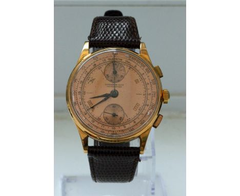 Chronograph Suisse 18ct Gold Chronograph Wristwatch. Chronograph Suisse 18ct gold chronograph manual wind wristwatch on leath