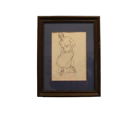 Duncan Grant (Scottish, 1885-1978) Pencil sketch full body portrait of a scantily clad (nude) female model, monogrammed, with