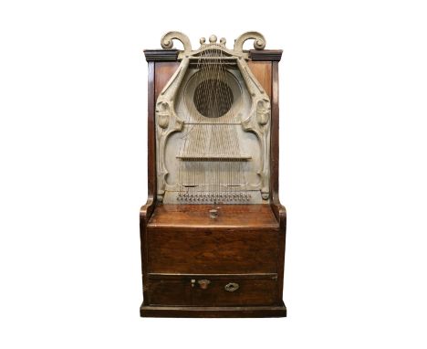 Unusual early twentieth century Klingsor phonograph in oak case with flap down front exposing record player with zither and s
