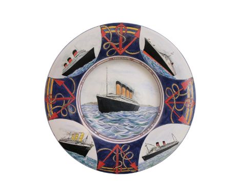 Poole Artist Studio Pottery 'Liner' dish 1 of 1 by Karen Brown dated 2004 to include Titanic, QE II Imperator &amp; The Norma