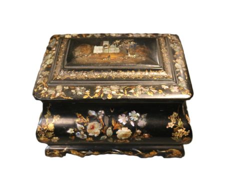 19thC Victorian English Papier Mache Tea Caddy of bombe form with mother of pearl inlay. 23cm in Length