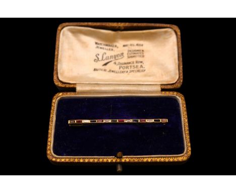 Gentlemen's Sapphire, Ruby &amp; Diamond set Tie Pin. Mounted on 18ct Gold 14 alternating Rectangular faceted stones rub over