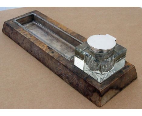 J C Vickery, London Large Ostrich Skin Covered Desk Companion with Silver Topped Inkwell by Crisford &amp; Morris c1924. Meas