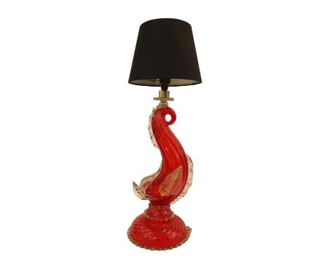 Large Venetian mid-century Murano glass Regency Red Dolphin (fish) table lamp with gold fleck details, designed by Barovier &