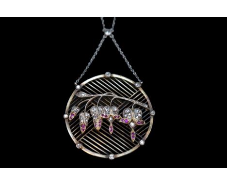 Art Deco Belle Époque Style Diamond &amp; Ruby circular pendant. Comprising of Forty three single rose cut Diamonds estimated