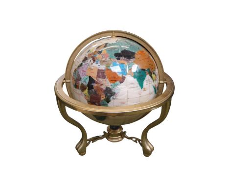 Contemporary Lapis Lazuli and gemstone globe in rotating brass cradle with polished frame and central compass, diameter of gl