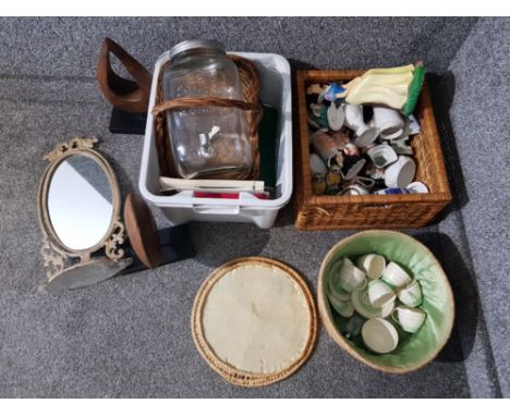 Miscellaneous items to include toby jugs, swing mirror, wicker basket etc in two boxes.