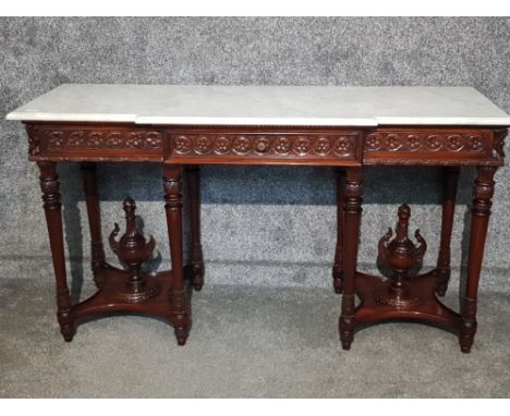 Carved Mahogany inverted break front console table with marble top, fitted with a single drawer 153.5x83x53.5cm