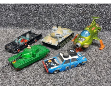 5 vintage diecast vehicles includes Dinky UFO interceptor, matchbox battlekings tank, Corgi M60 AI medium tank, corgi Hillman