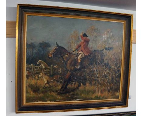 Oil painting - Huntsman jumping hedge - monogrammed R L B