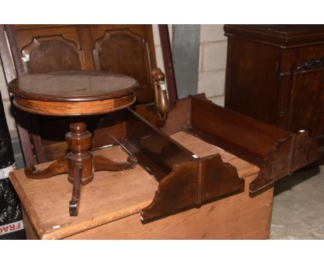 A pair of mahogany wall shelves and a brass inlaid tripod tableThe wall shelves with shaped end brackets (63cm wide) along wi