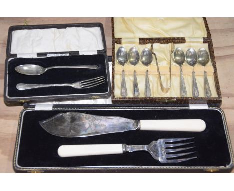 Three cases of cutleryTo include a cased set of EPNS dessert fork and spoon, fish knife and fork (serving) and an EPNS cased 