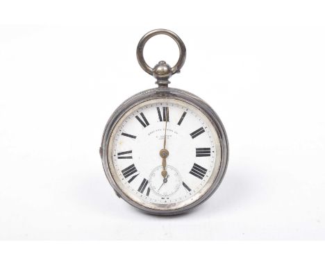 A silver open face pocket watchThe circular white enamel dial signed J.Gordon Leeds, with Roman numeral hour markers and subs