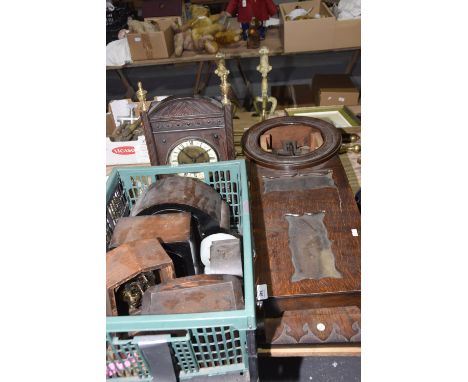 A collection of clock parts and clock casesTo include a Victorian bracket clock with 12cm dial, a 19th Century oak wall clock