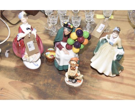 A group of ceramic figuresTo include Royal Doulton figure masquerade HN2259, a Royal Doulton elegance figure 6624, a Royal Do