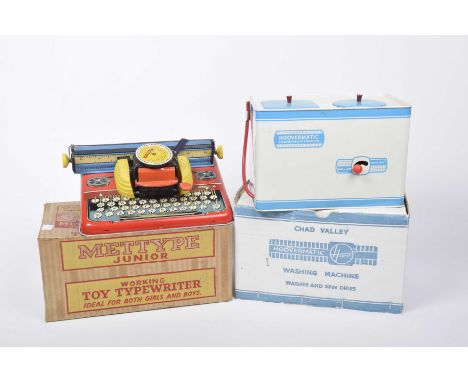 A boxed Mettype Junior working toy tinplate typewriterAnd a boxed Chad Valley tinplate Hoover Matic washing machine 