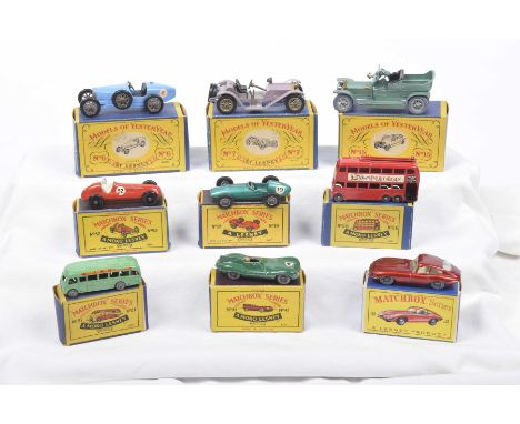 Six boxed Matchbox Regular Wheels and three boxed Matchbox Models of YesteryearThe models of Yesteryear comprising no. 7 Merc