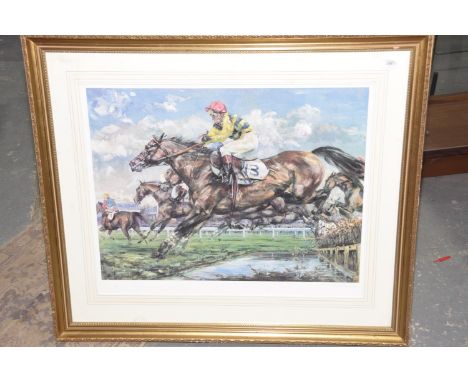 Clare Eva Burton (British), a limited edition signed print The print depicting jockey and horses, painted in vibrant colours,