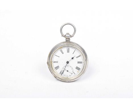 A silver open face pocket watchThe circular white enamel dial with Roman numeral hour markers and subsidiary seconds dial, Sw