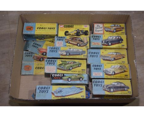 Twelve boxed Corgi diecast toysPlayworn and in damaged or partially restored boxes, comprising no. 234 Ford Console Classic, 