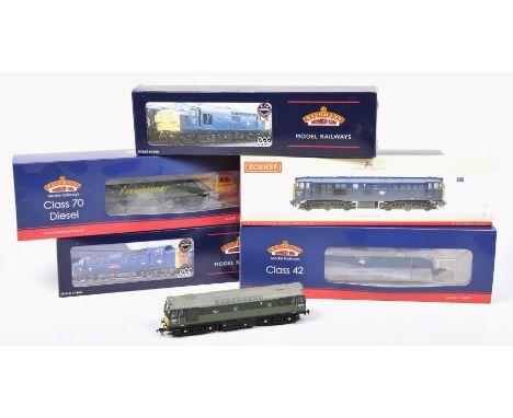 Five boxed diesel locomotivesComprising four Bachmann examples, no. 182 The Royal Naval Reserve Intercity, and an unboxed D52