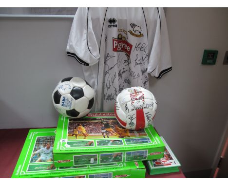 Derby County Erreta Home Shirt Bearing Marston's Pedigree Logo plus Many Signatures, an earlier ball with faded signatures in