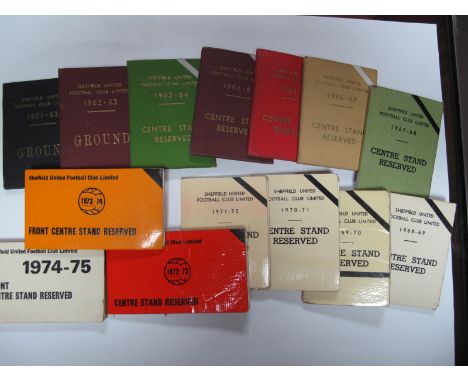 Sheffield United Season Ticket Booklets, 1961-2 and 62-3 for ground, 63-4 to 74-5 for centre stand reserved. 