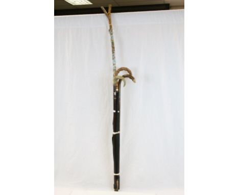 Two vintage Walking sticks, an Umbrella with Bamboo handle &amp; a Thumb stick approx 134cm long, covered in name place Shiel