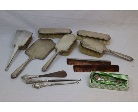Seven piece Art Deco style Hallmarked Silver Hand Mirror &amp; brush set, low grade Silver teaspoon set, Hallmarked Silver ha