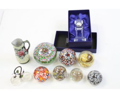 Box of mixed collectables to include Glass Paperweights, hand painted Ceramic Jug, boxed Crystal Clock etc