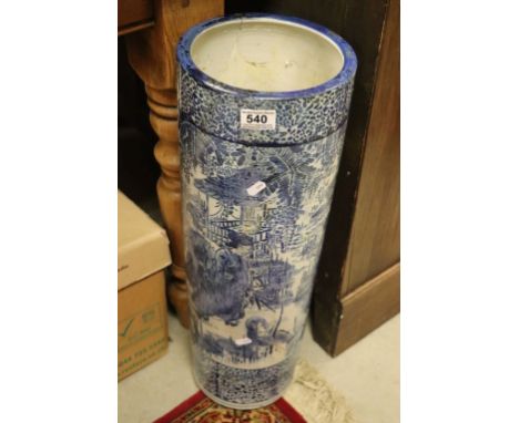 Early 20th Century blue and white Chinese stick stand decorated with women in a garden setting 