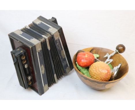 Silvertone Accordion, pair of Art Deco Chrome &amp; Oak Candlesticks with female figures, each approx 19.5cm tall, fake Fruit