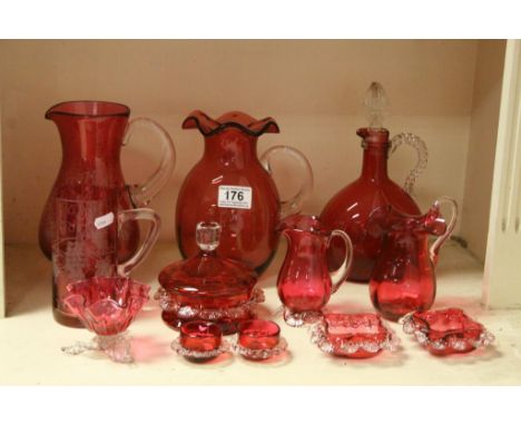 Collection of vintage Cranberry Glass and Cranberry Glass overlay items to include a Decanter, Jugs &amp; open Salts