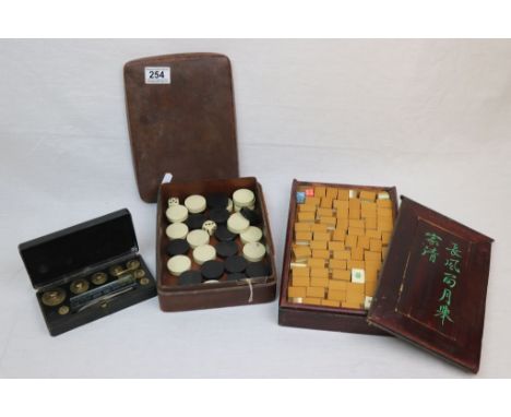 Leather cased set of vintage Dominoes, Wooden cased Mah Jong set in Bamboo &amp; bone and a cased griffin &amp; Taylor Chemis