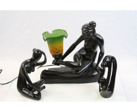 Patinated Metal lamp, Art Nouveau style with Glass shade &amp; two Figural sculptures, lamp approx 34 x 34 x 14cm at the wide
