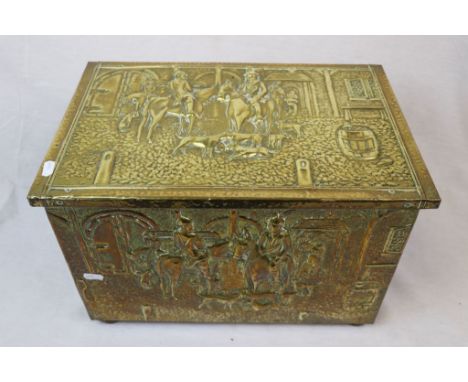 Metal Fire side box with copper panels decorated with hunting scenes 