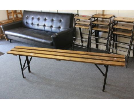 Vintage pine and metal trestle bench 