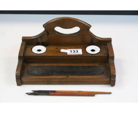 Victorian Wooden Standish with Two Ceramic Inkwell and Pen Tray with Two Dip Pens