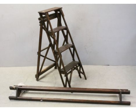 Set of Vintage Folding Wooden Step Ladders together with Pine Hanging Rail / Clothes Airer with Pulleys and Rope