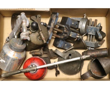 Box of vintage Tools, Funnels, Oil cans etc