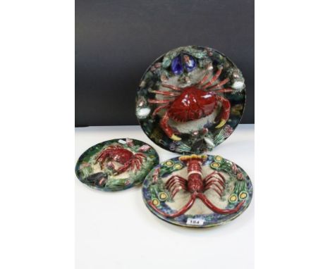 Three vintage Continental Majolica ceramic Plates, two with Crabs the other with a Lobster, largest plate approx 31cm diamete