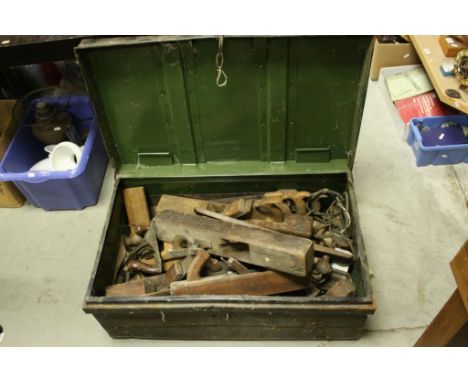 Large Tin trunk of various vintage Tools to include a large number of Wood Planes