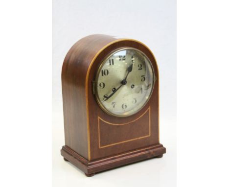 Dome topped Mahogany Mantle Clock with silvered metallic dial, stands approx 34cm