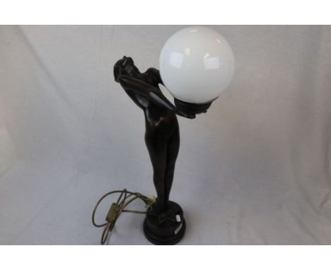 Contemporary bronzed Art Deco style table lamp in the form of a woman holding a globe 