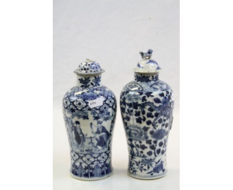 Two vintage Chinese blue &amp; white Vases, one with Figural, the other Dragon decoration &amp; lids, with four character mar