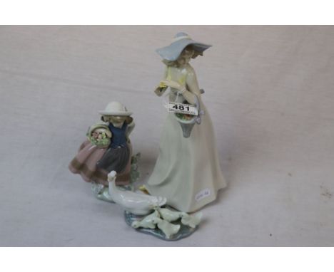 Lladro girl with flower basket, Lladro ducks and one other