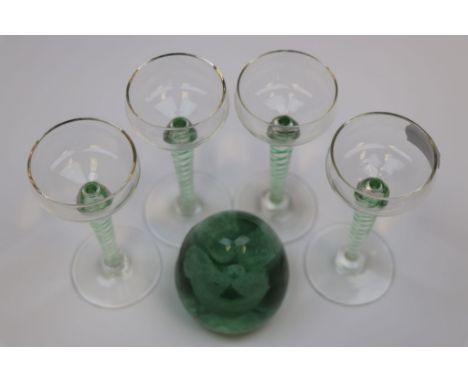 Four vintage Sherry Glasses with green air twist type design to the stems, each one approx 10.5cm tall plus a Victorian Green